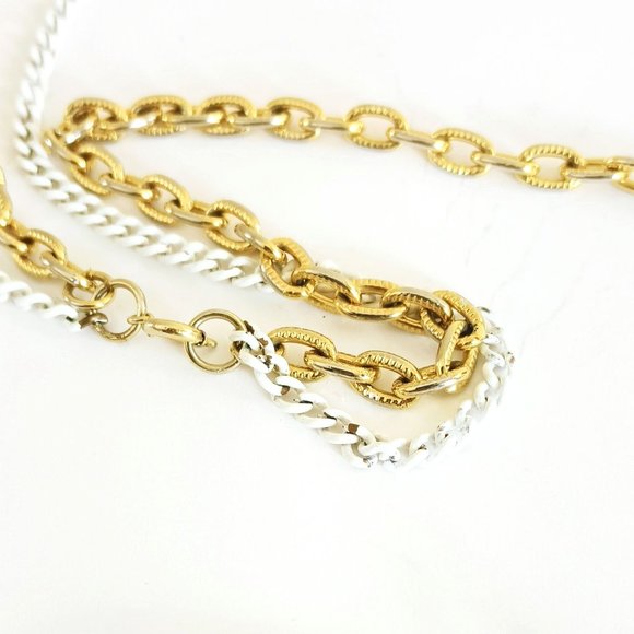Vintage Three Tier Pendant Necklace 25" White Enamel & Gold Double Layer Chains - Picture 2 of 5